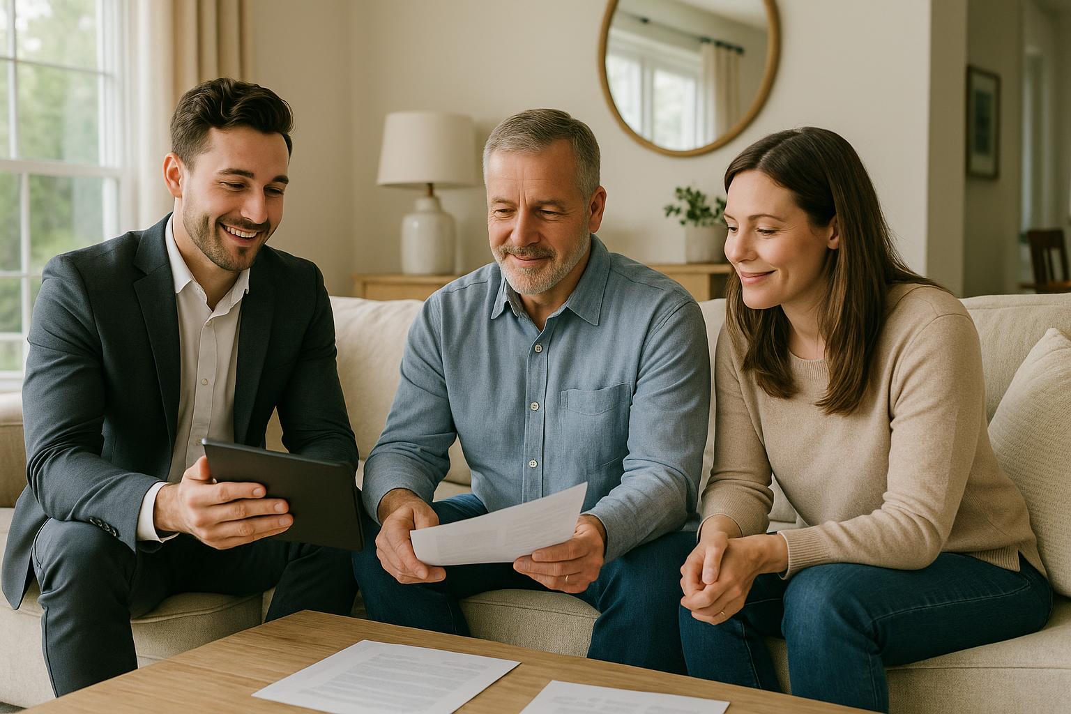 A real estate agent and two homeowners calmly discussing a Forest Hills home sale in a naturally lit living room.
