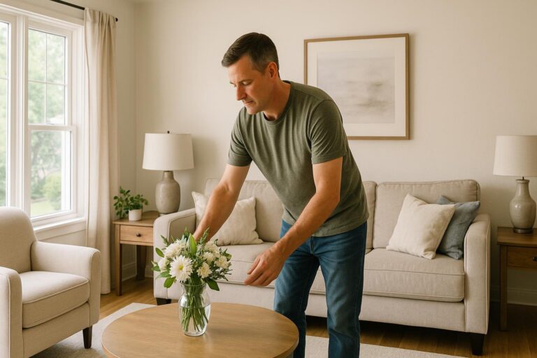 A Grand Rapids homeowner tidying a bright, welcoming living room before a home showing.