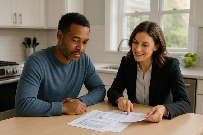 A Grand Rapids homeowner and real estate agent discussing pricing options at a bright kitchen table.