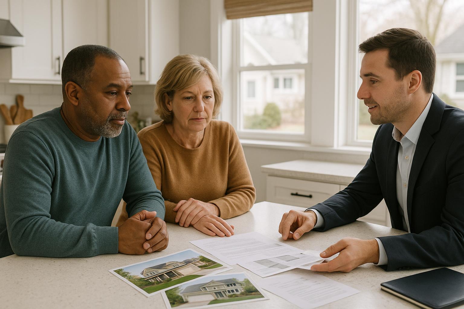 Two Grand Rapids homeowners and a real estate agent reviewing home listing photos and options at a kitchen table in natural daylight.