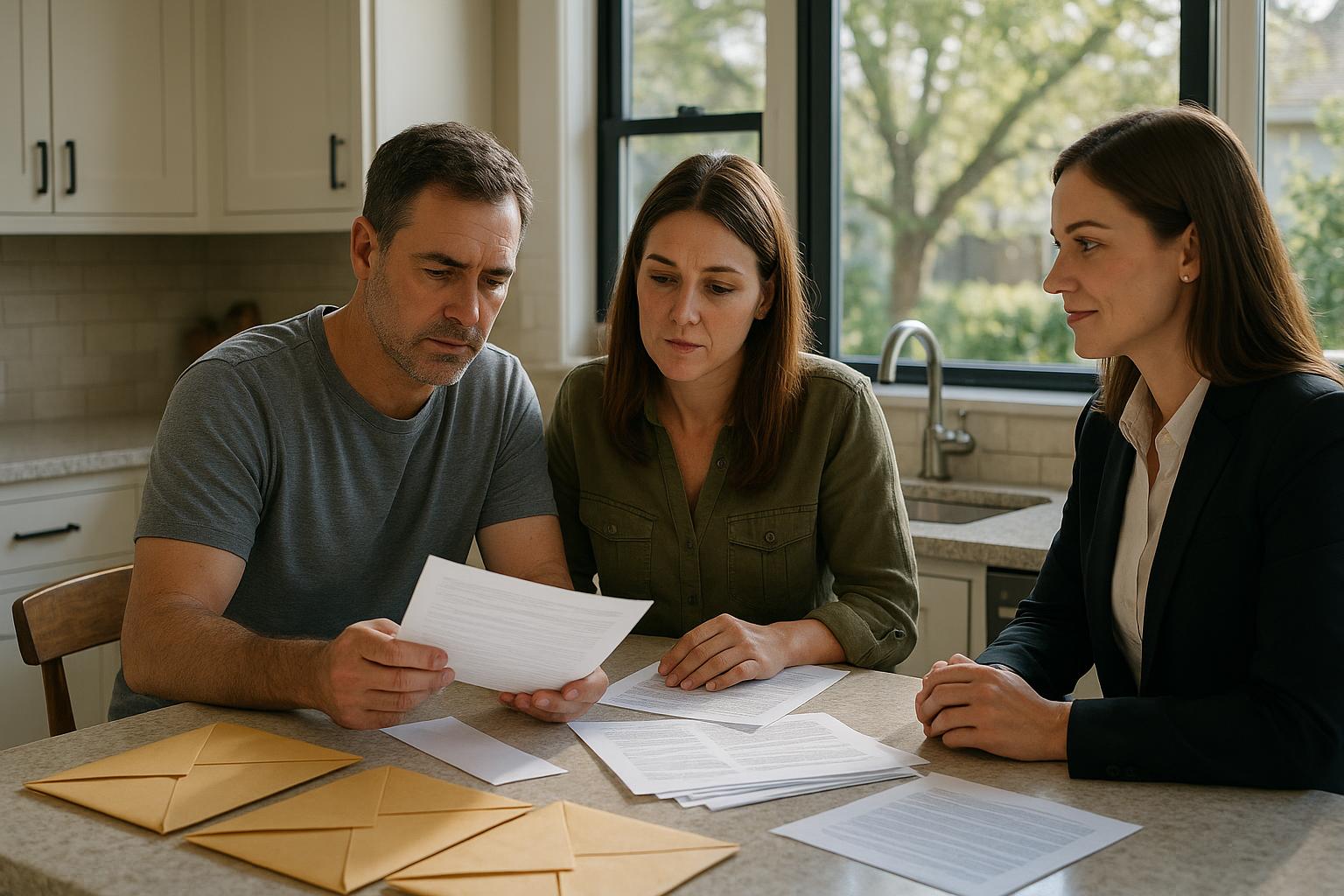 Forest Hills homeowners and a real estate agent reviewing multiple home sale offers at a kitchen table.