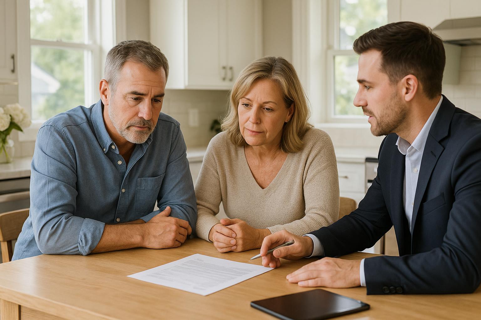 A middle-aged couple and a real estate agent reviewing home appraisal paperwork together at a kitchen table in a bright Grand Rapids home.