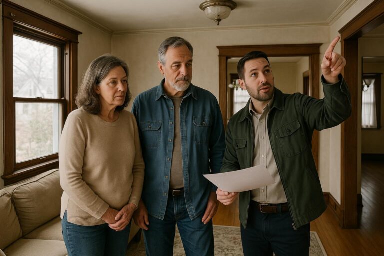 A Forest Hills couple and a contractor discuss renovation options in an older living room.