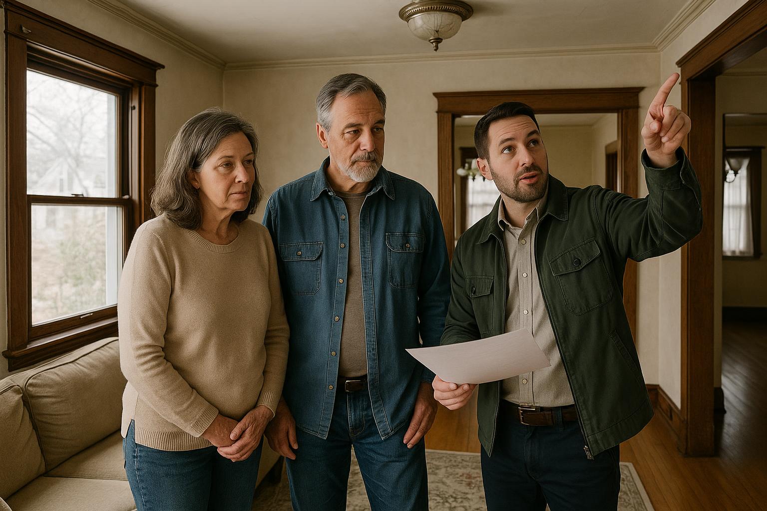 A Forest Hills couple and a contractor discuss renovation options in an older living room.