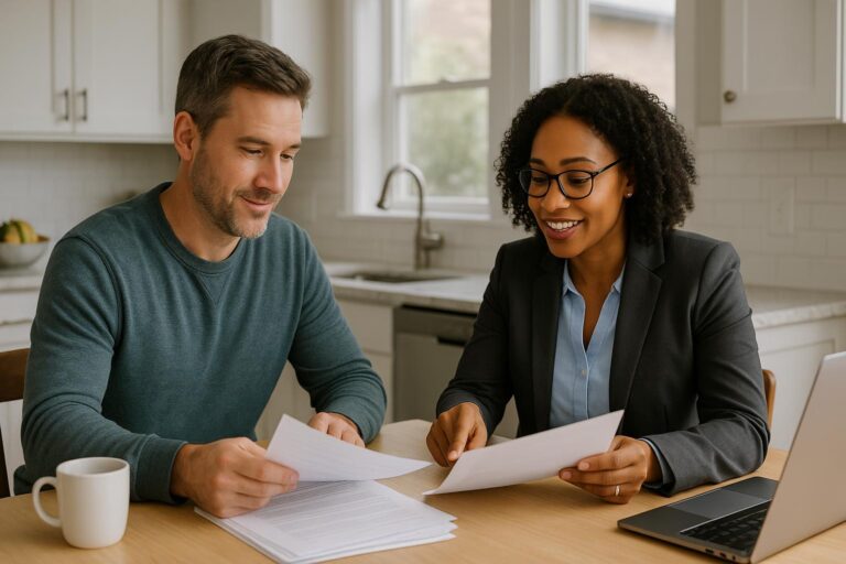 A Grand Rapids homeowner and real estate agent sitting at a kitchen table, reviewing offer paperwork and discussing buyer financing options in a well-lit home.