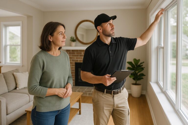 A Grand Rapids homeowner and a home inspector reviewing a window frame in a naturally lit living room during a home inspection.