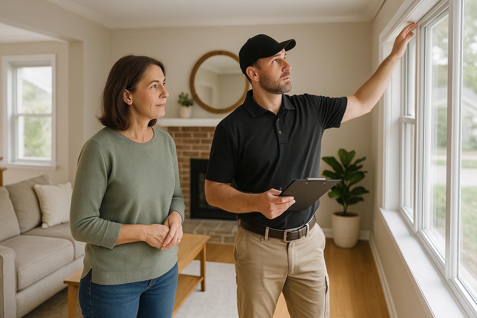 A Grand Rapids homeowner and a home inspector reviewing a window frame in a naturally lit living room during a home inspection.