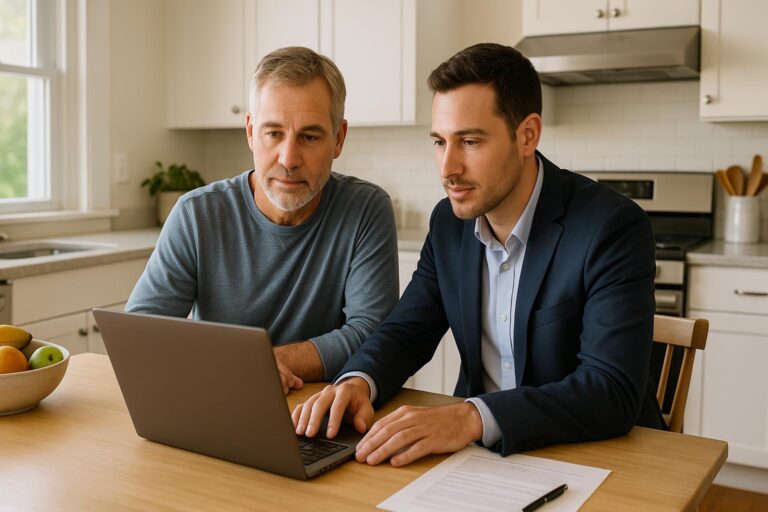 A Grand Rapids homeowner and agent reviewing a home listing together at a kitchen table.
