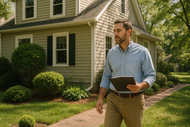 A professional appraiser evaluates the exterior of an older Forest Hills home on a bright day.