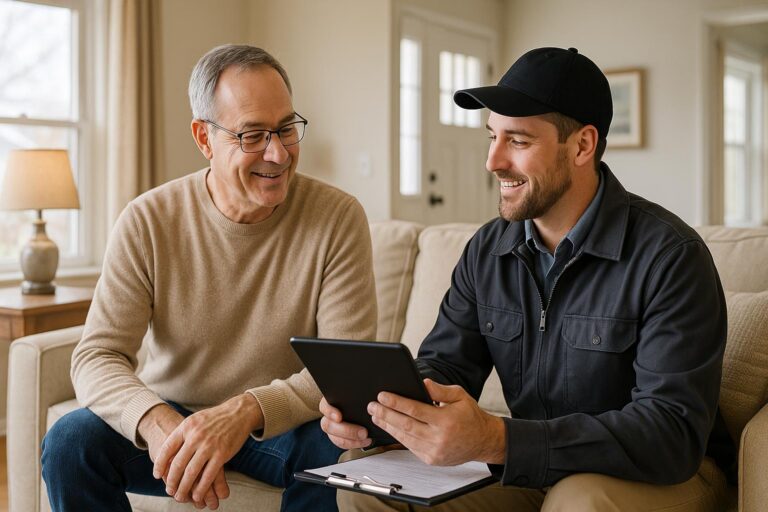 A homeowner and home inspector review inspection results together in a bright Grand Rapids living room.