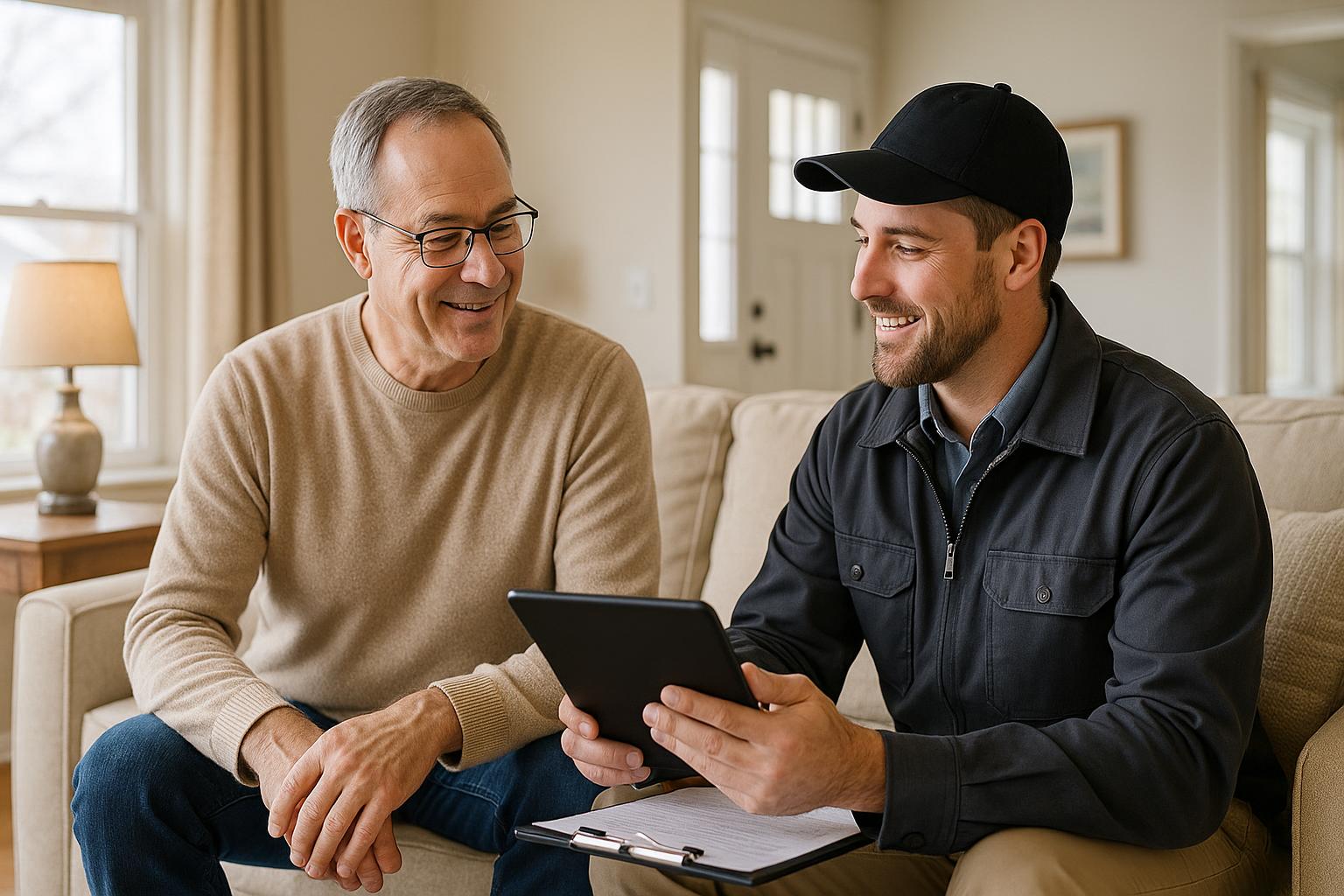 A homeowner and home inspector review inspection results together in a bright Grand Rapids living room.