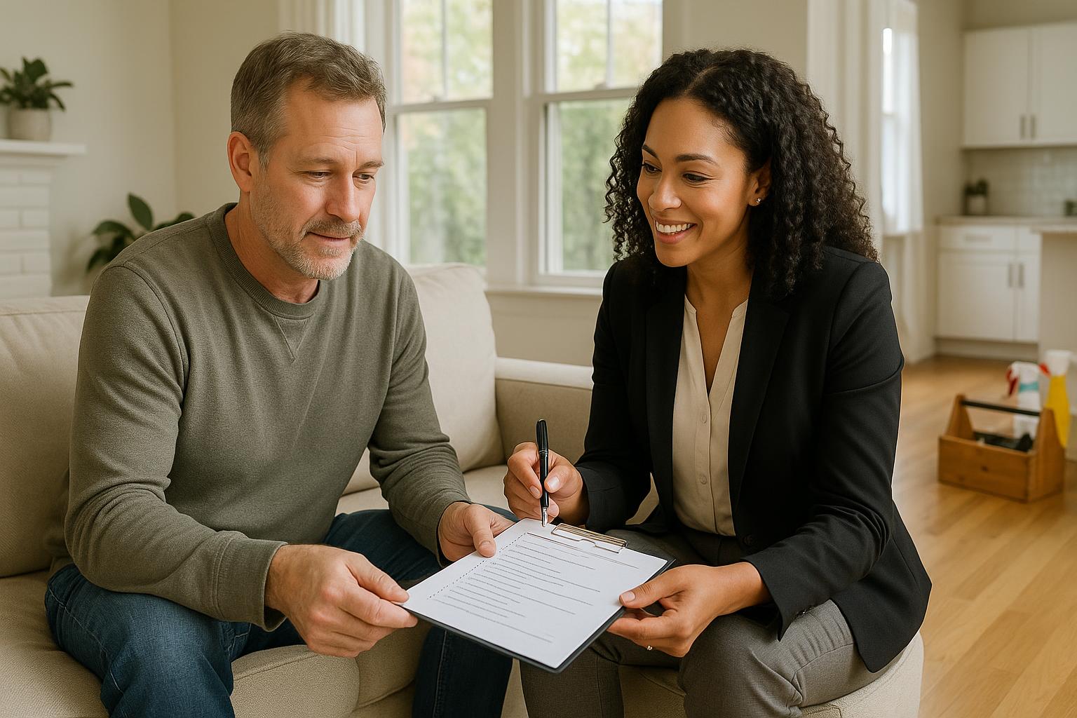 A Grand Rapids homeowner and real estate agent review a pre-listing checklist in a bright, tidy living room.