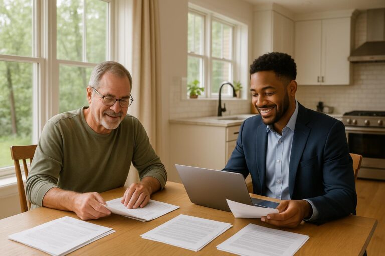 A Forest Hills homeowner and real estate agent reviewing buyer financing options at a dining table.