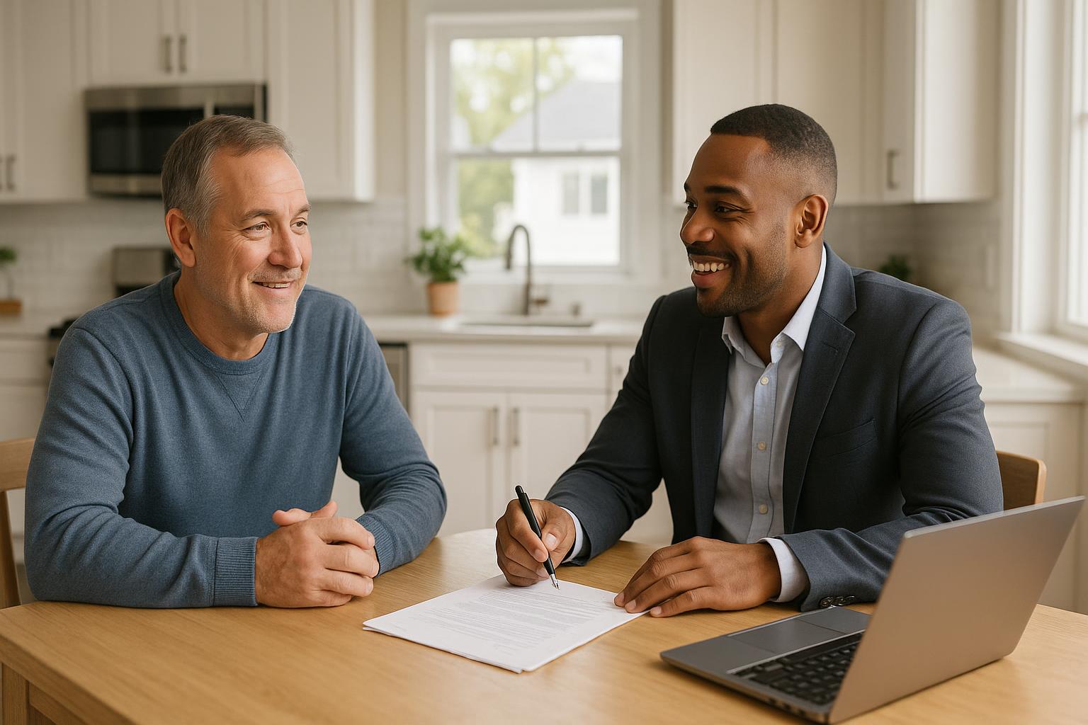 A Grand Rapids homeowner and real estate agent discussing a home sale strategy at a kitchen table in a bright, modern home.