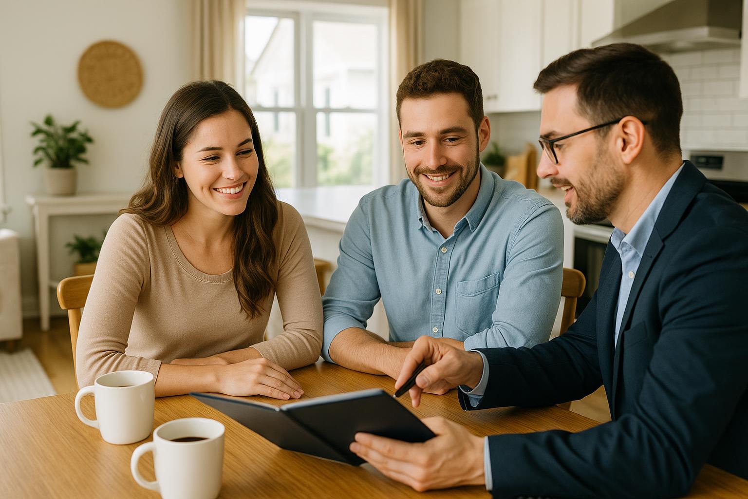 Young couple and real estate agent reviewing closing cost estimates in a Grand Rapids kitchen.
