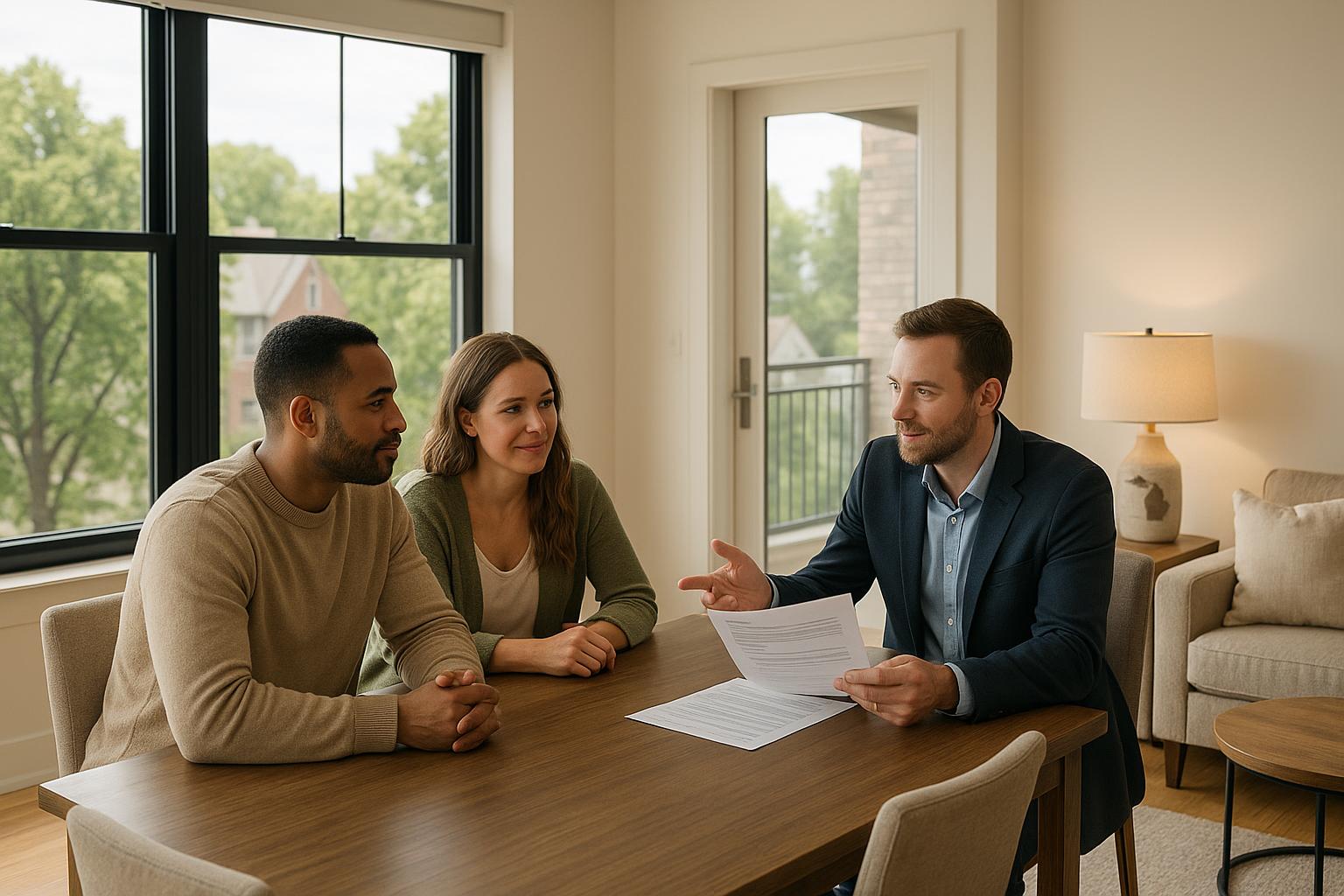 A Grand Rapids couple reviews HOA documents with their real estate agent in a bright condo living room.