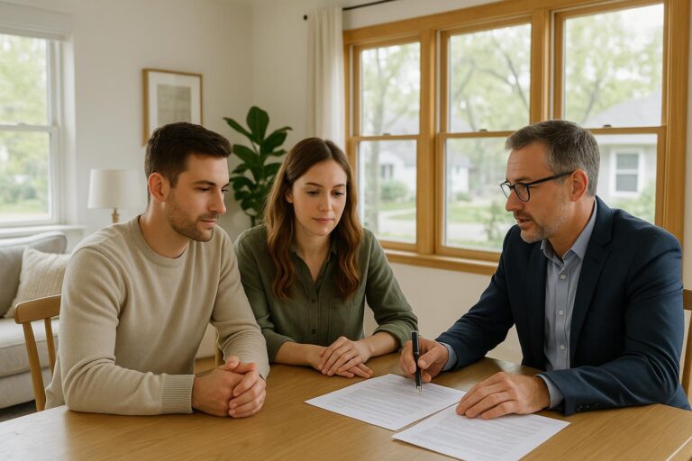 A Grand Rapids couple and their real estate agent candidly discussing escalation clauses while reviewing a home offer in a bright, welcoming living room.