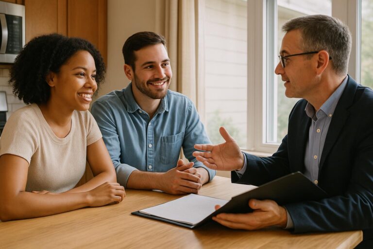 A first-time homebuyer couple and their real estate agent discussing seller concessions at a kitchen table in a Grand Rapids home.