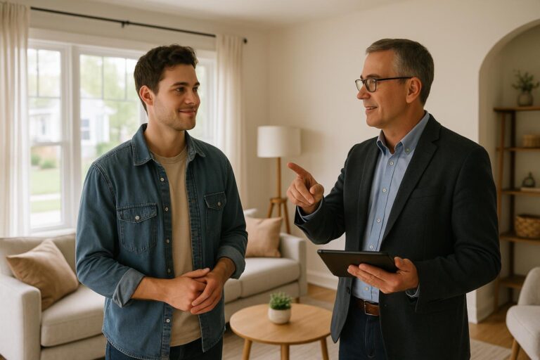 A first-time homebuyer listens to a professional appraiser in a bright Grand Rapids living room.