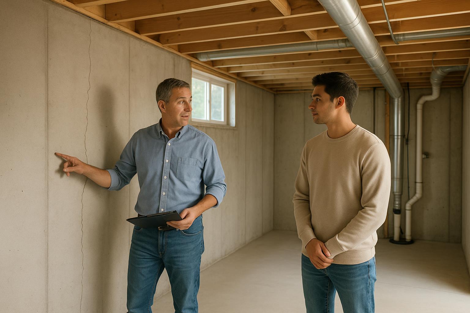 A home inspector and buyer examine a foundation wall in a bright Grand Rapids basement.