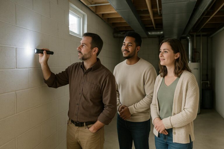 A home inspector checks a Grand Rapids basement wall for cracks and moisture while a young couple observes during a home inspection.