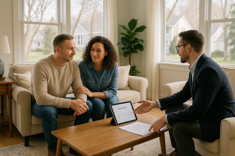 A Grand Rapids couple discusses home insurance details with their real estate agent in a sunlit living room.