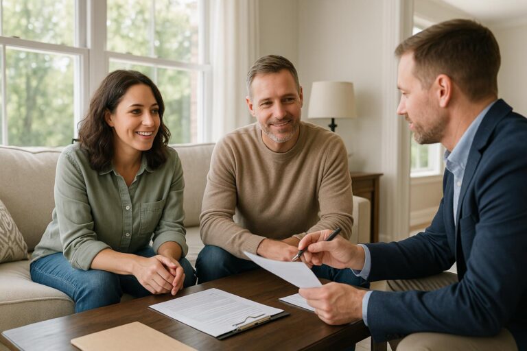 Grand Rapids couple meeting with a lender in a living room to discuss mortgage options.