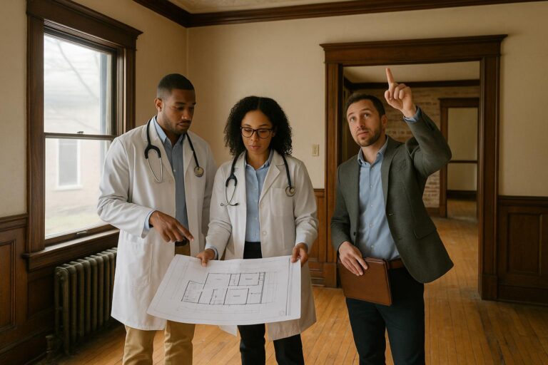 Physician couple and agent reviewing renovation plans in a bright historic Grand Rapids home interior.