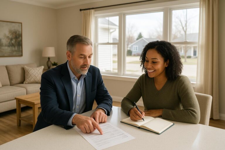 A Grand Rapids homebuyer and real estate agent review a property tax statement together at a kitchen island in a bright, welcoming West Michigan home.