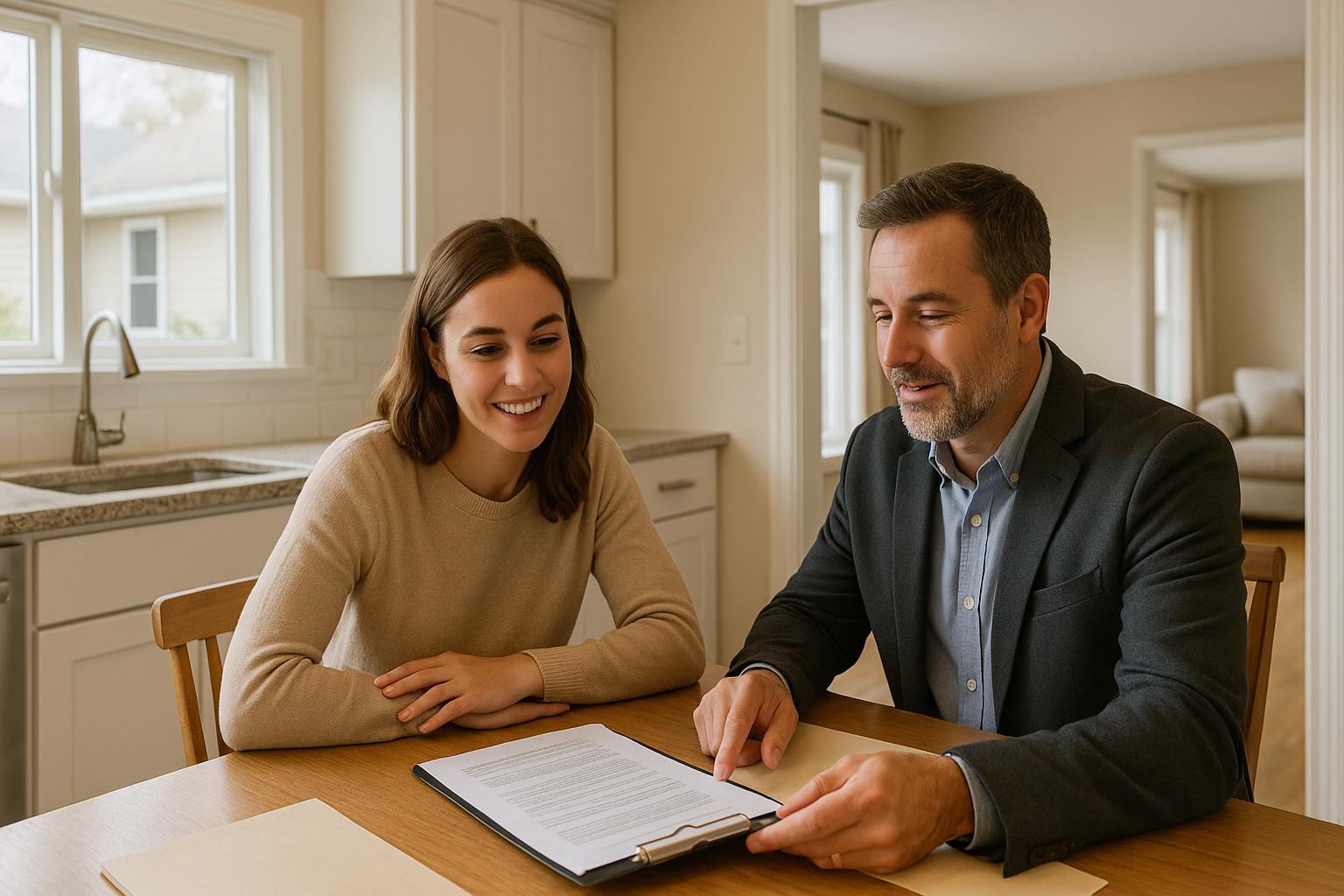 A first-time homebuyer and real estate agent reviewing a home inspection report together at a kitchen table in a Grand Rapids home.