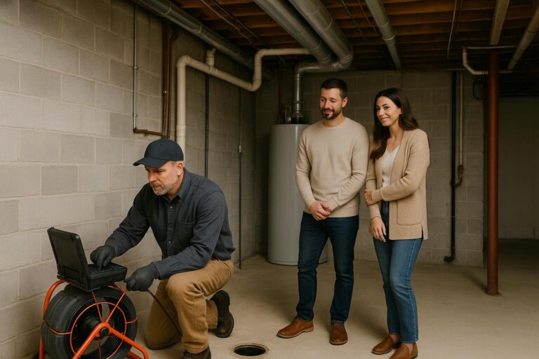 A home inspector in a Grand Rapids basement using a sewer camera while a couple watches the inspection process.