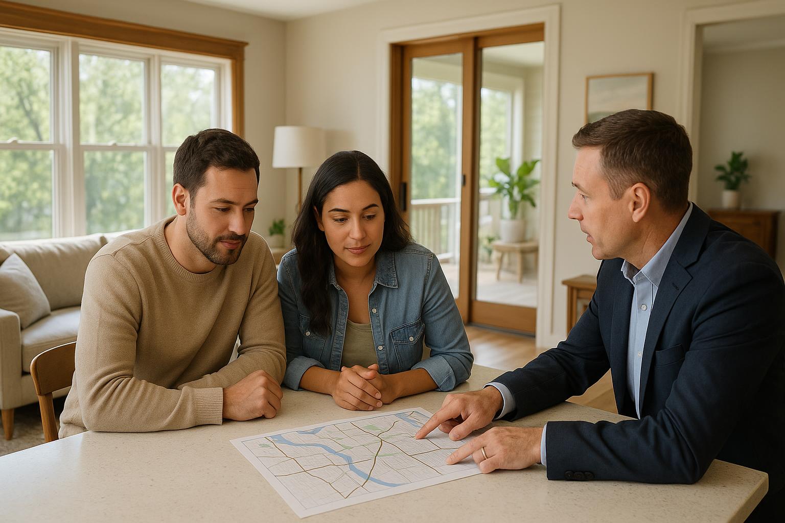 A couple and a real estate agent discuss Grand Rapids neighborhoods and commute options at a kitchen island with a map.
