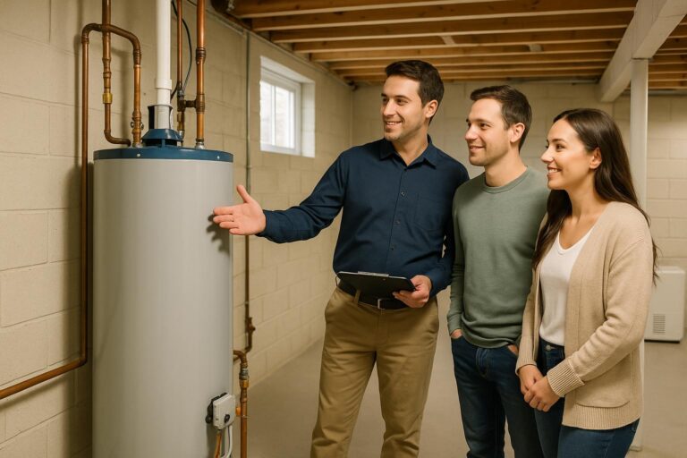 A home inspector and two buyers examining a water heater in a well-lit Grand Rapids basement.
