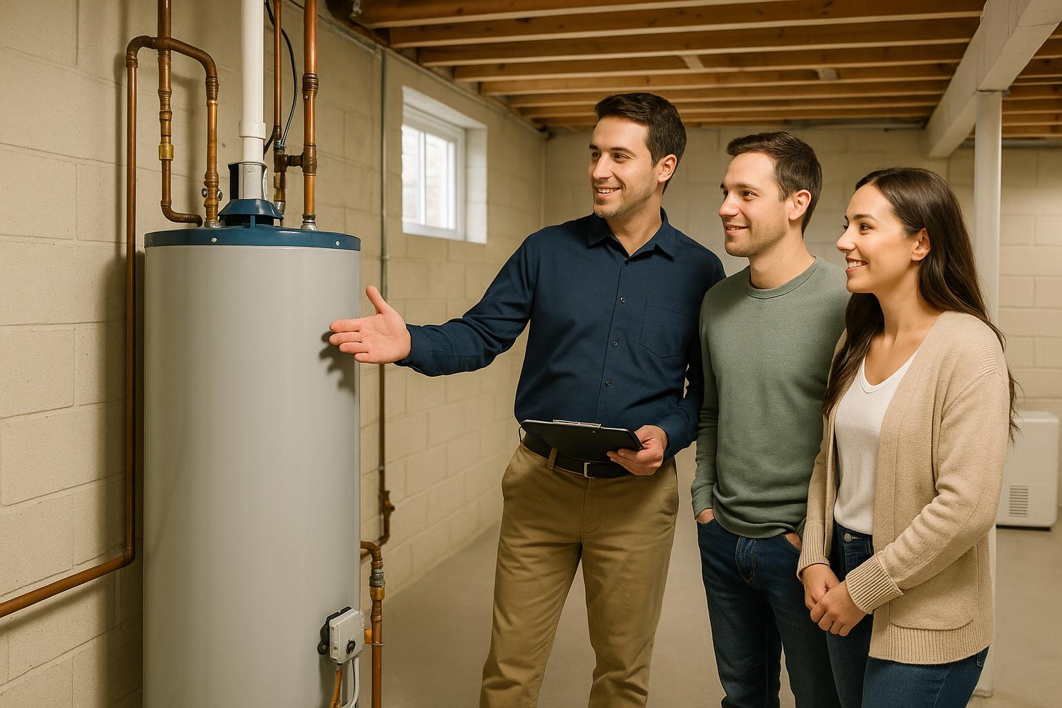 A home inspector and two buyers examining a water heater in a well-lit Grand Rapids basement.