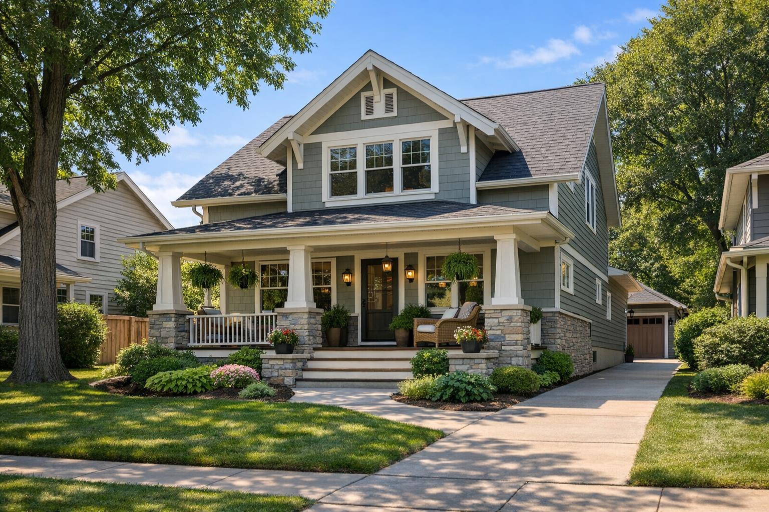 A beautiful residential street in Grand Rapids featuring well-maintained homes and mature trees.
