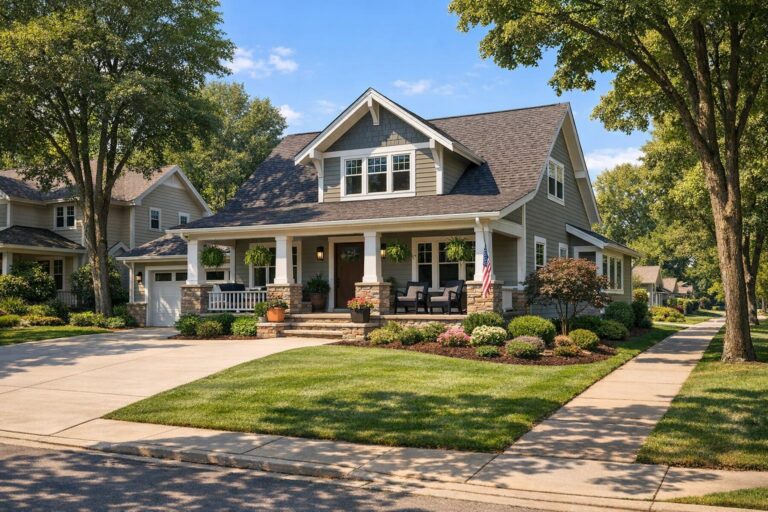 An attractive Grand Rapids home exterior on a well-maintained residential street surrounded by mature landscaping and trees.