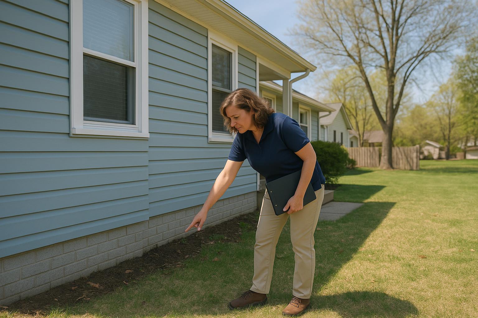 Home Watch professional checking a Lake Michigan home's exterior after a winter storm, snow on the ground, dunes and lake in background.
