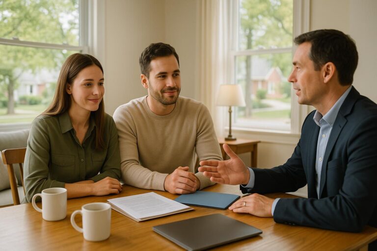 A Grand Rapids couple and their real estate agent review multiple offers at a dining table in a bright, welcoming living room.