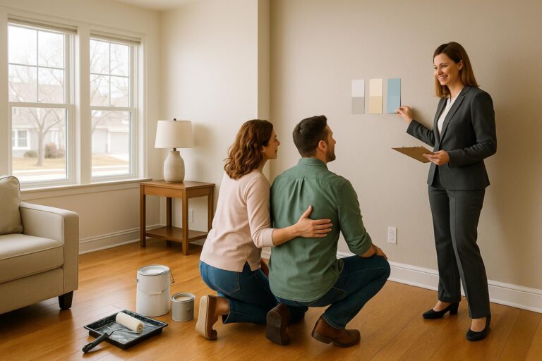 Couple and real estate agent reviewing paint samples in a well-lit Grand Rapids living room.