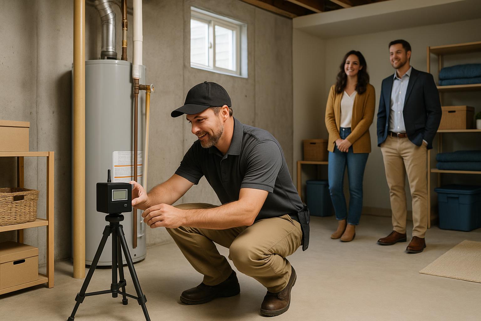 A home inspector setting up a radon test device in a Grand Rapids basement while a buyer and their agent observe.