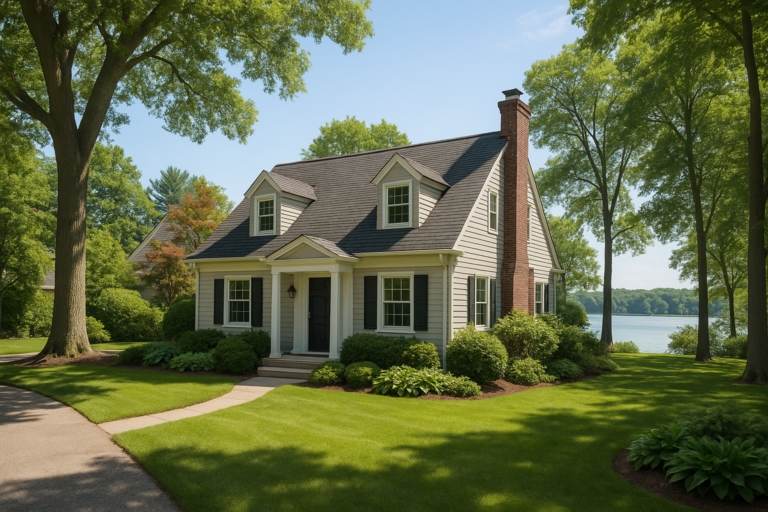 Classic East Grand Rapids home with a view of Reeds Lake through mature trees on a sunny summer day.