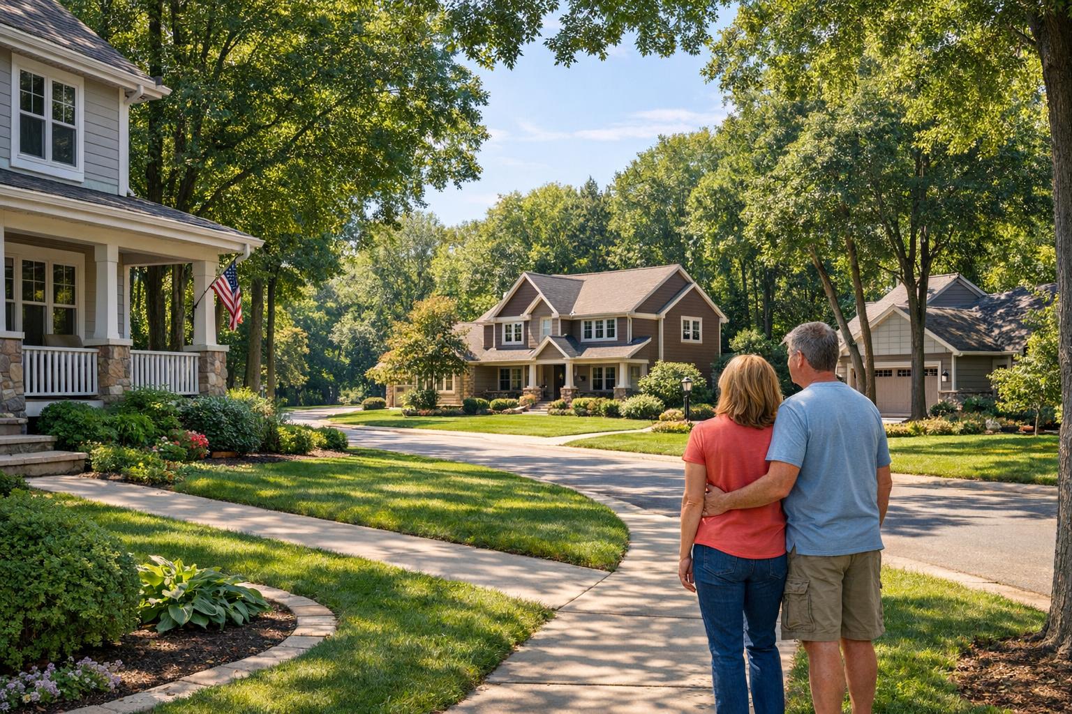 A suburban residential scene in Rockford, Michigan, showcasing established homes with mature trees and well-kept yards.