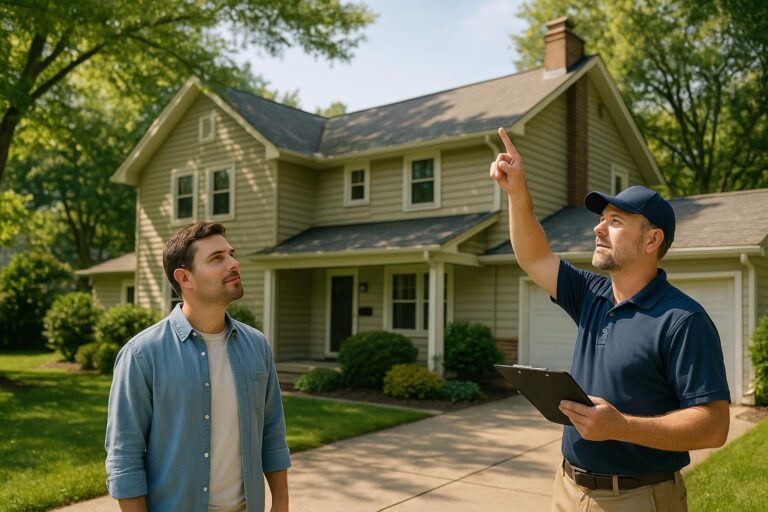 Grand Rapids homebuyer and inspector examining a home's roof from the driveway.