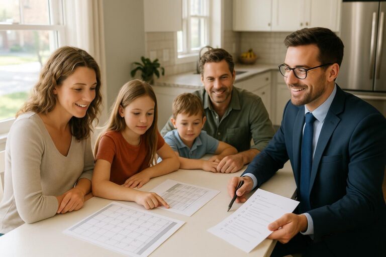 A Grand Rapids family with children and a real estate agent discussing school-year timing at a kitchen table.