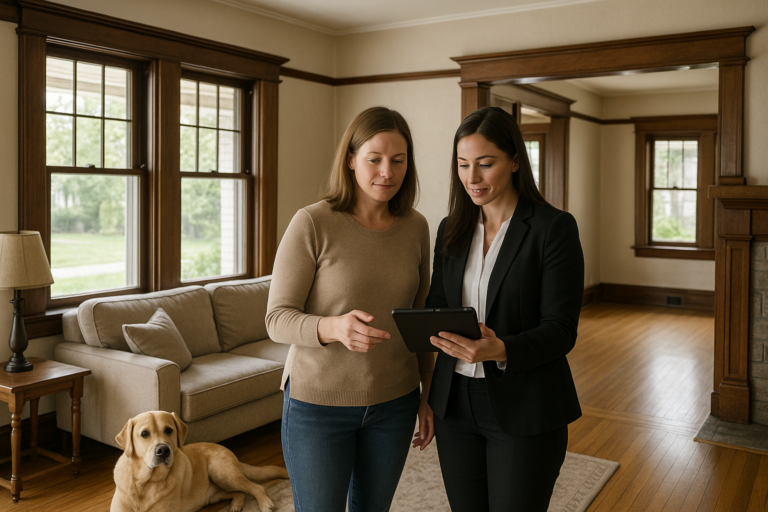 Homeowner and real estate agent discussing original woodwork and features in a sunlit East Grand Rapids living room.