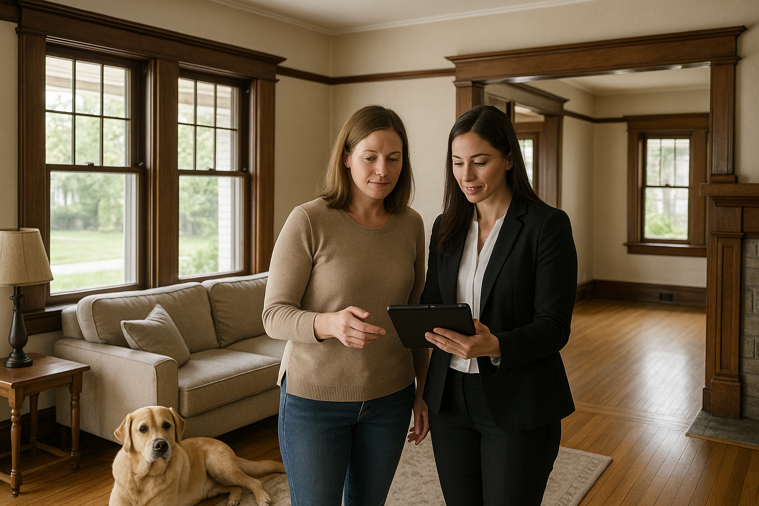 Homeowner and real estate agent discussing original woodwork and features in a sunlit East Grand Rapids living room.